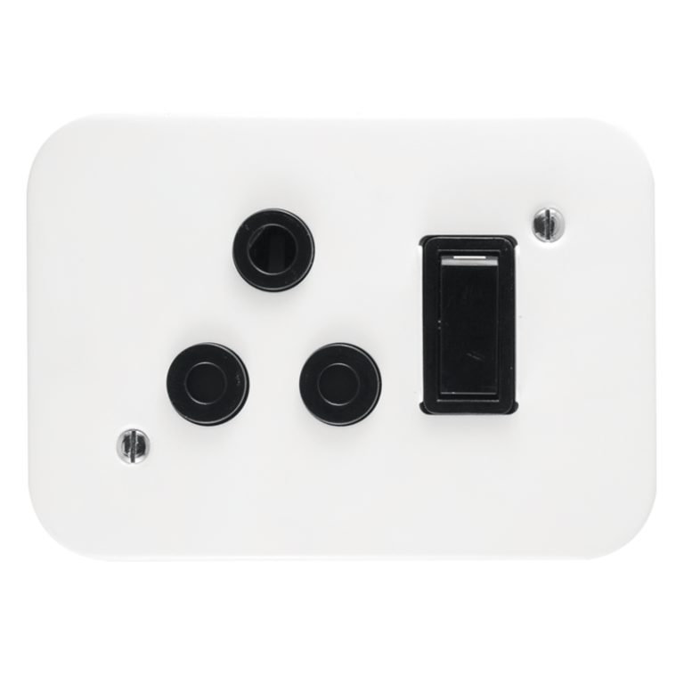 Classic Industrial Single Dedicated Socket 1644 Switched Black on 119x83 White Surface Box